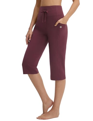 baleaf Damen Yogahose Baumwolle High Waist Caprihose mit Taschen Freizeithose 46CM Straighthose Casual Lounge Sommer Sporthose
