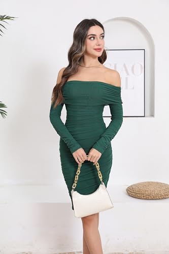 Image of Fooullaide Women's Sexy Off Shoulder Sleeveless Bodycon Ruched Midi Dress