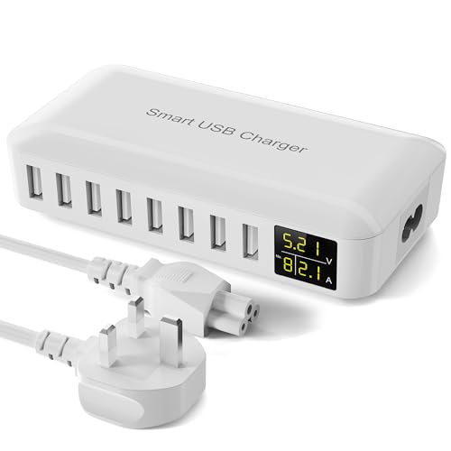 Sanicata 8-in-1 USB Charging Station with 4ft Extension Cord, Multiport Charger with LED Display, Charging Hub for Apple iPhone, iPad, Samsung, Tablet, Travel, Home, Office - White