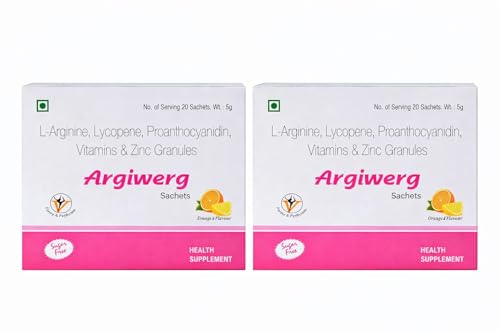 Image of Argiwerg L-Arginine, Lycopene, Proanthocyanidin, Vitamins & Zinc Granules Sachets for Men & Women | Energy, Stamina & Antioxidant Support Drink Mix | Orange Flavour | 20 Sachets (Pack of 2)