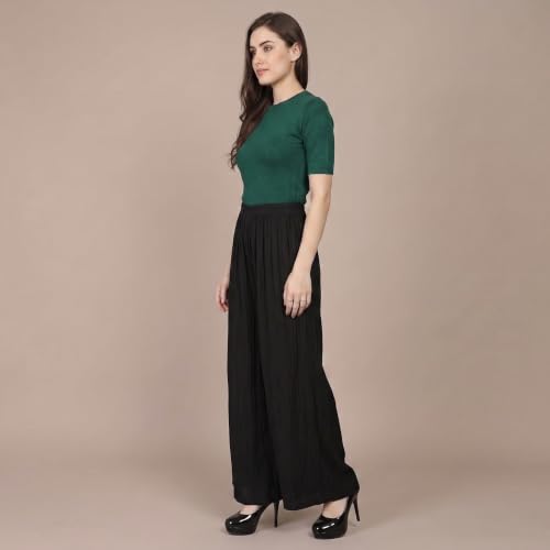Image of FASHION GALLERY Women's Solid Rayon Palazzo Pants | Relaxed Fit Full Length Wide Leg Palazzo | Elastic Waist Comfortable Casual Lounge Office Ethnic Flared Trousers for Women