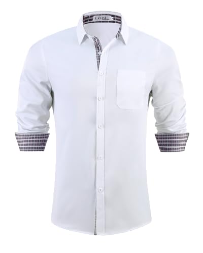 LVCBL Herren Hemd Langarm Regular Fit Businesshemd elastiscer Musterhemd Freizeithemden Weiß M