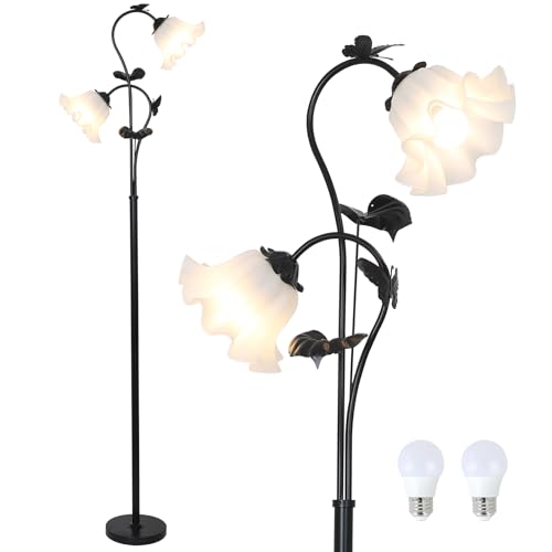 Image of HMVPL Black Floor Lamp for Living Room, Flower Standing Lamp with 2 LED 5W Blubs, Foot Switch, Floral Tall Lamp with Acrylic Shade, Antique Lotus Flower Floor Lamp for Living Room Office Reading