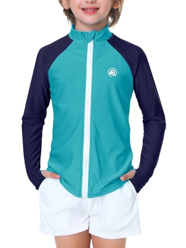 AOBUTE Boys Rash Guard Surfing Beach SPF 50+ Unisex Girls Color Block Swim Shirt with Thumb Holes Blue Navy 5-6Y