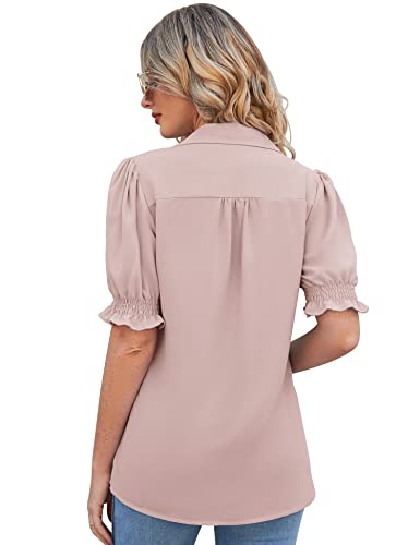 Qirno Button Down Shirt For Women V Neck Dressy Casual Ruffle Puff Short Sleeve Tunic Tops Summer Easy Care Chiffon Blouses Collared Pink S #TOP5