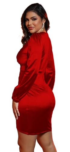 Image of FairyLove Women's Elegant Empire Waist Long Sleeve Wedding Guest Party Cocktail Bodycon Irregular Satin Dresses