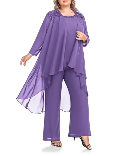 Pant Suits for Women Dressy Chiffon Mother of Bride Pant Suits 3 Pieces Womens Pantsuits for Wedding Evening Party