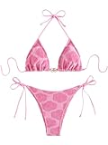 COOLOYA Women's 2 Piece Set Suede Floral Boho Print Bikini Sets Swimsuits Halter Bathing Suits Pink L