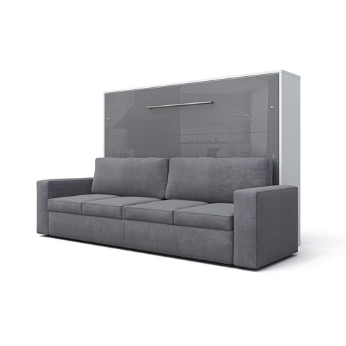 MAXIMAHOUSE Schrankbett horizontal Invento LED 140H (140x200) mit Sofa Milo 23, Wandbett (Weiss/Grau Glanz + graues Sofa)