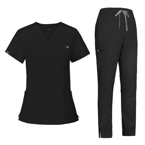 VIAOLI Scrubs for Women Set, V-Neck Top and 8 Pocket Drawstring Scrub Pant - Women Scrub Set Uniform Clearance (Black,L,Large)