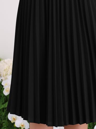 Image of Hobemty Women's Short Sleeve Pleated Dress 2025 Trendy Contrast Color Casual Work A-Line Midi Dresses