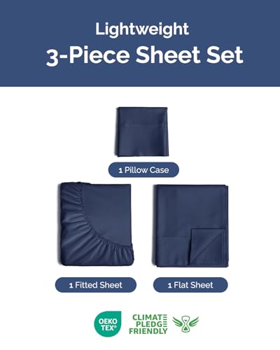 Image of Lightweight 3 Piece Bed Sheet Set Twin Size - Cooling Sheets for Hot Sleepers - Soft Breathable Bedding Set w / 8-16 Inch Deep Pockets - 1 Flat & 1 Fitted & 1 Pillowcase - Wrinkle Resistant - Navy Blue