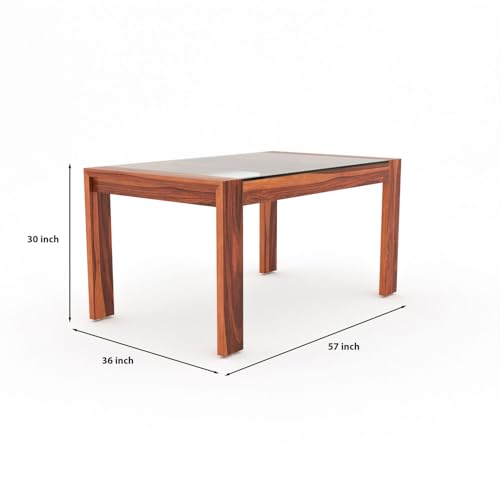 Image of Solid Sheesham Wood Dining Glass Top Table Set of 6| Wooden 6 Seater Dining Table with 6 Chairs with Cushion|Wood Dining Table & Chairs for Home, Restaurant, Dining Room |Honey Finish