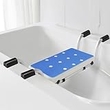 Badewannensitz Senioren mit Blauer Eva-Polsterung, Rutschfester Duschsitz für Badewanne, Kontraststarkes Design, Breite in 2 Stufen einstellbar (71/81 cm), Aluminium, Belastbar bis 120 kg