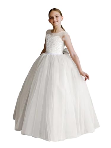 Flower Girls Dress for Wedding Tulle Floor-Length First Communion Dresses Glitter Sequins Pageant Ball Gown with Bow