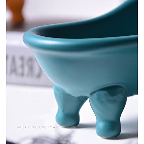 Art Ceramic Clawfoot Victorian Bathtub Shaped Porcelain Bar Soap Dish Holder Tray Handmade Gift Bathroom Hotel Shower Decor Rest Sponge (A Blue) #TOP1