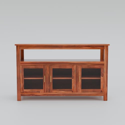 Image of Solid Sheesham Wood Sideboard for Living Room with Glass Doors | 3-Door Storage Unit & Open Display Shelf | Buffet Cabinet for Dining Room, Entryway & Hallway | Honey Finish | 140 x 40 x 82 cm