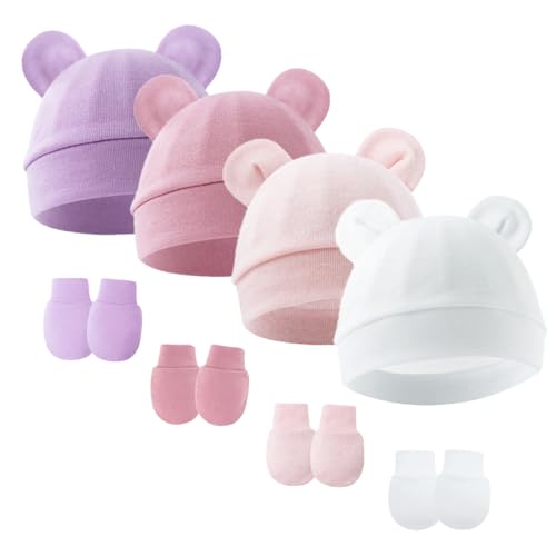 Image of Newborn Baby Hats and Mittens Set Bear Ear Baby Beanie No Scratch Cotton Infant Caps Gloves Newborn Hats for Boys Girls