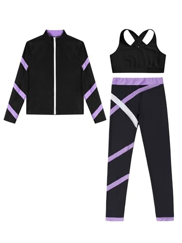 Hansber Kids Girls 3Pcs Sports Outfit Crop Top with Athletic Leggings Zipper Jacket Tracksuit Gym Yoga Running Workout Set3