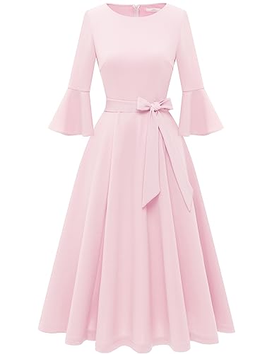 Image of HomRain Women's Church Dresses Modest Bell Sleeve Wedding Guest Cocktail Tea Party Vintage Evening Dress