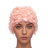 Medifier Lace Vintage Swim Cap Floral Petal Retro Style Bathing Caps for Women Rose Pink