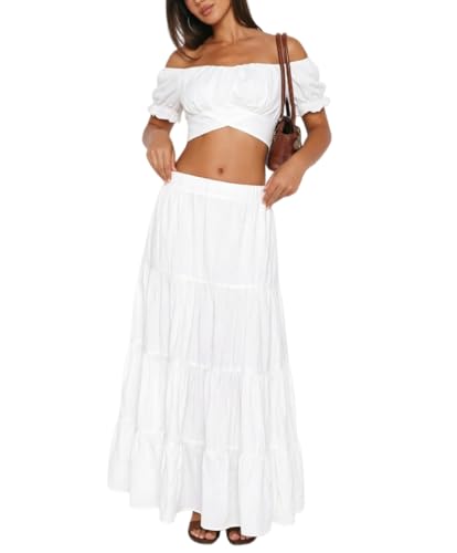 Two Piece Skirt Set for Women Summer Boho Vacation Outfits Off Shoulder Crop Top and Maxi Skirts Matching Sets Going Out 2026 White M