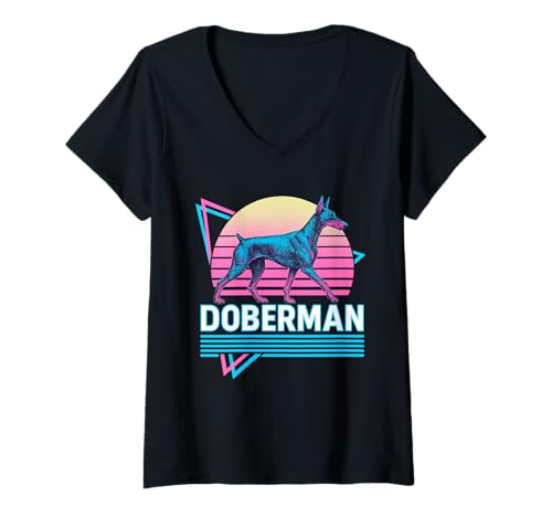 Womens Doberman Pinscher Retro Vintage Synthwave Aesthetic Dog V-Neck T-Shirt