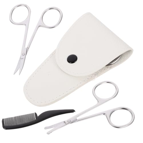 IWOWHERO 4pcs Stainless Scissor Suite for Beard Mustache Trimming Kit White Leather Case Small Comb