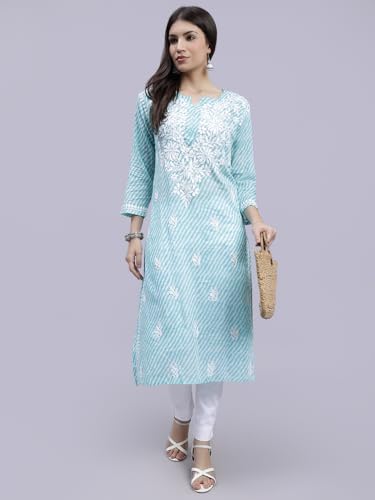 Image of Seva Chikan Hand Embroidered Lucknowi Chikankari Regular Fit Straight Malmal Cotton Kurta Kurti for Women SCL4458