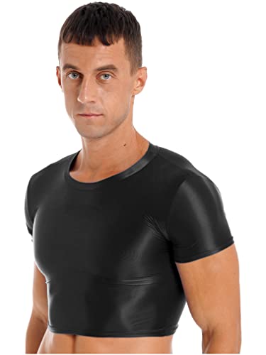 FEESHOW Men's Glossy Short Sleeve Muscle Half Tank Top Sport T-Shirts Workout Sexy Crop Tops2