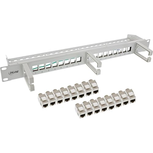 InLine Panneau de brassage Cat.6A 16 compartiments, 19" 1U, 16 ports Keystone, 10 Gb/s & PoE++, gestion des câbles intégré, boîtier en métal robuste, gris clair, 76822C