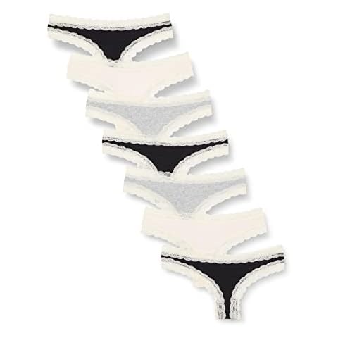 Iris & Lilly Tanga de Tira en Algodón y Encaje Mujer, Pack de 7, Negro/Gris Mezcla/Rosa Pálido, 38 Cover