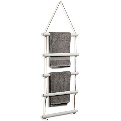 MyGift 4-Foot Wall Hanging Whitewashed Wood & Rope Ladder Towel Rack with 5