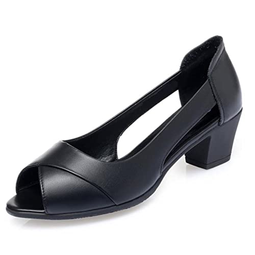 Sandales à talon moyen ajouré pour femme en cuir véritable bout ouvert noir
