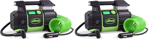 Image of Slime 40063 Tire Inflator,Portable Car,SUV,4x4 Air Compressor,Elite Heavy Duty, Inflate Right Automatic Shut Off, with Digital 99 psi Display, Long Hose and LED Light, 12V,3 min Inflation (Pack of 2)
