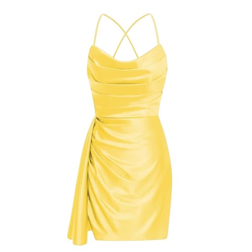 TIRAS Spaghetti Straps Satin Homecoming Dress for Teens Pleated Cowl Neck Short Cocktail Party Dresses with Tail CM447