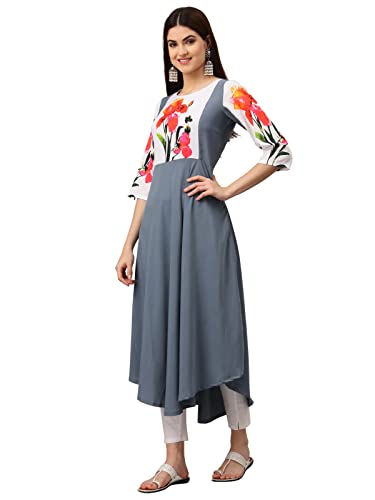 Image of Women's Crepe A-Line Printed Kurti(ALC9121STL1 Steel 3X-Large)