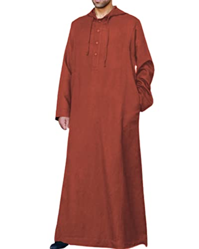Jacansi Men's Cotton Linen Robe Casual Kaftan Thobe Long Gown Hoodie Drawstring Retro Long Sleeve