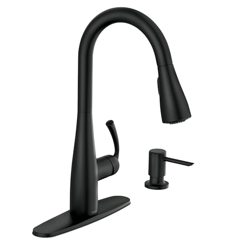 Moen Essie Matte Black Single Handle Pull-Down Sprayer Kitchen Faucet with Soap Dispenser, Reflex and Power Clean Technology, 87014BL