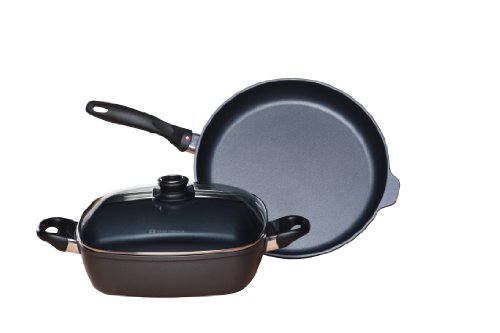 Swiss Diamond 3 Piece Set: Fry Pan and Square Casserole HD Nonstick Diamond Coated Aluminum Fry Pan and Square Casserole, Includes Lids, Dishwasher Safe and Oven Safe Pan Set, Grey