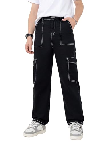 WDIRARA Boy's Flap Pockets Cargo Jeans High Waisted Casual Street Straight Leg Pants