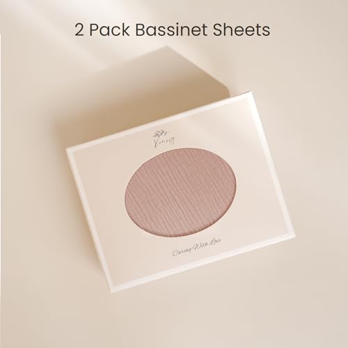 Image of Konssy 2 Pack Muslin Fitted Bassinet Sheets for Girl Boy, Soft Breathable Baby Bassinet Sheets Fit for Baby Bassinets, Cradle, Moses Basket Oval Rectangle Pad /Mattress (Pink,Summer Wheat)