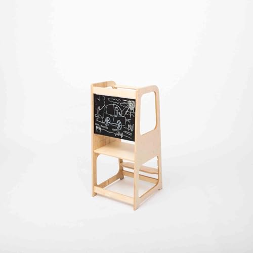 Torre de Aprendizaje Montessori con Pizarra - Plataforma de Madera para Trepar en la Cocina para Bebés y Niños - Torres Ajustables para Encimeras y Mesa - Taburete Seguro y Duradero