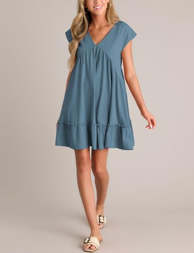 Image of APAFES Women's Summer Dress A Line V-Neck Ruffle Hem Sundress Flowy Swing Mini Dress with Pockets