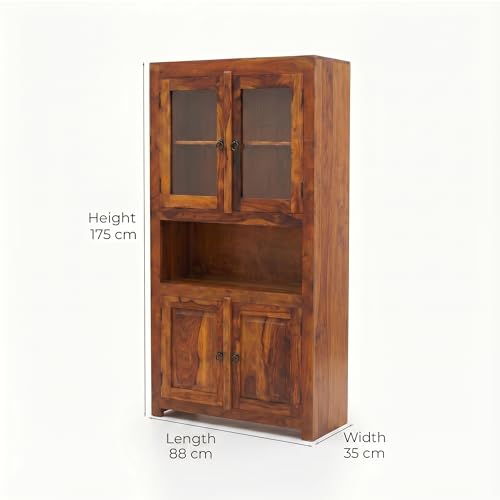 Image of SONA Art & Crafts Wood Crockery Cabinet with Glass Door | Wooden Book Shelf Cabinet with Storage Rack for Home & Office Living Room (Natural Brown)