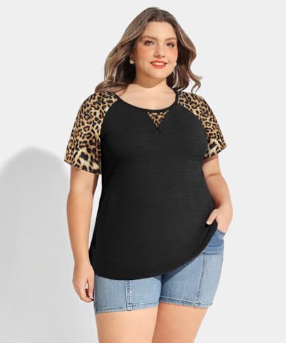 Image of CARCOS Plus Size Tops for Women Short Sleeve Shirt Summer Star /Leopard /Tie Dye /Flower Crewneck Pullover Tunic XL-5XL