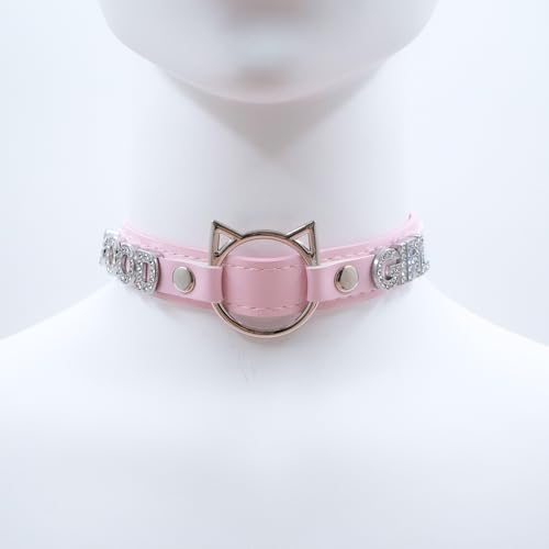 Black O-ring Choker Collar For Women, Pink Vegan Leather Choker Necklace Jewelry with Cat-shaped Ring and Rhinestone Letters3