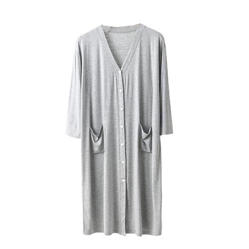 Men's Soft Nightgown with Pockets V Neck Button Down Nightshirts Mid Sleeve Sleep Shirts Big & Tall Couples Pajamas