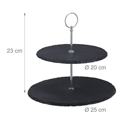Foto von Relaxdays Etagere, 2 Etagen, Schiefer, Kuchen, Snacks, Obst, Metallgriff, Servierständer, HxD 23x25 cm, anthrazit/silber, 1 Stück