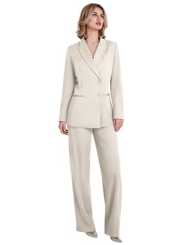 Women's 2 Piece Suit One Button Business Casual Office Work Outfits Dressy Blazer Wide Leg Pants Set Beige